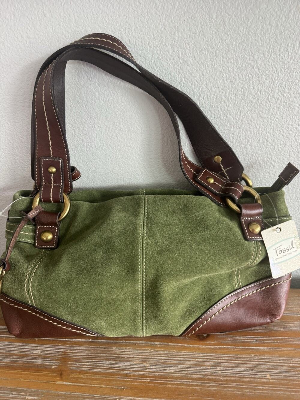 New Vintage Fossil Green Suede Hobo Bag Shoulder Bag Handbag Purse